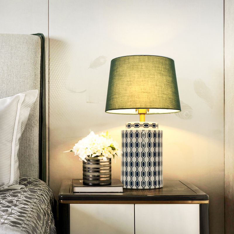 Cylindrical Bedside Nightstand Lamp Patterned Ceramic Single Simplistic Table Light with Empire Shade in Green