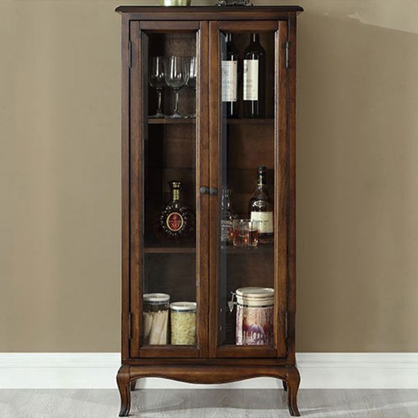 Traditional Rubberwood Display Stand Glass Doors Storage Cabinet for Dining Room