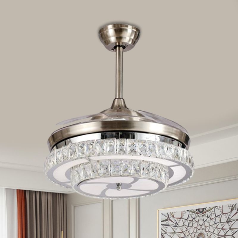 Crystal Block Circle Semi Mount Lighting Modernism LED Hanging Fan Light in Chrome with 4-Blade, 19" Wide