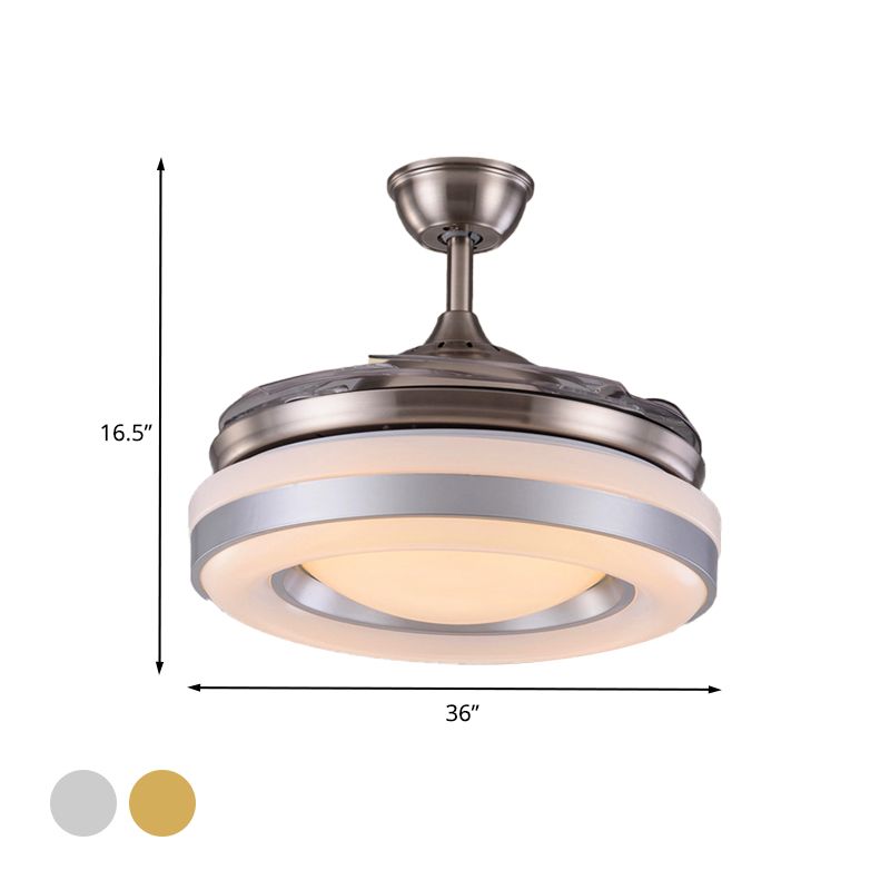 Silver/dorado LED Semi Flush Mount Light Modern Metal Ronda 4 cuchillas Lámpara de ventilador colgante con control remoto, 36 "/42" de ancho