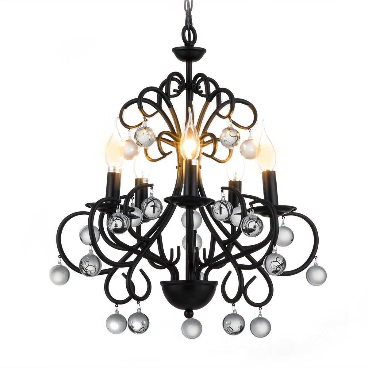 Dining Room Candle Chandelier Lamp Metal Vintage Style 5 Lights Black Suspension Light with Clear Crystal Ball