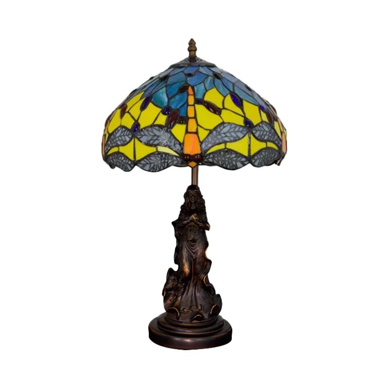 Mediterranean Dragonfly-Flower Table Lamp Single Blue/Yellow/Blue-White Night Stand Light with Angel Pedestal