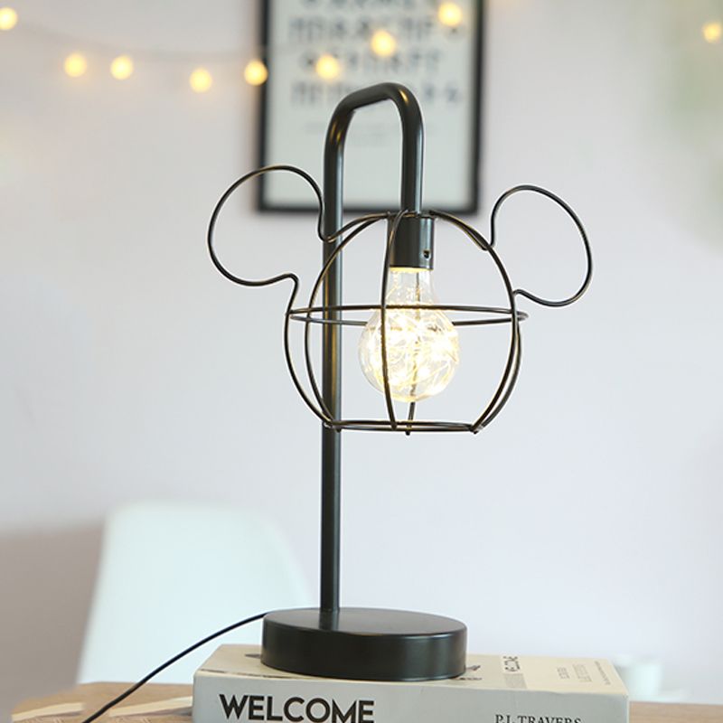 Black Mouse Head Table Lighting Kids Novelty Iron LED Night Stand Light with Gooseneck Arm and Cage Design