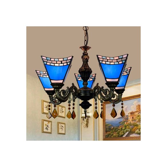 Geométrique Hanging Light Retro Style Treated Verre 5 Bulbes Chandelier avec pendentifs en cristal en jaune / bleu pour chambre à coucher