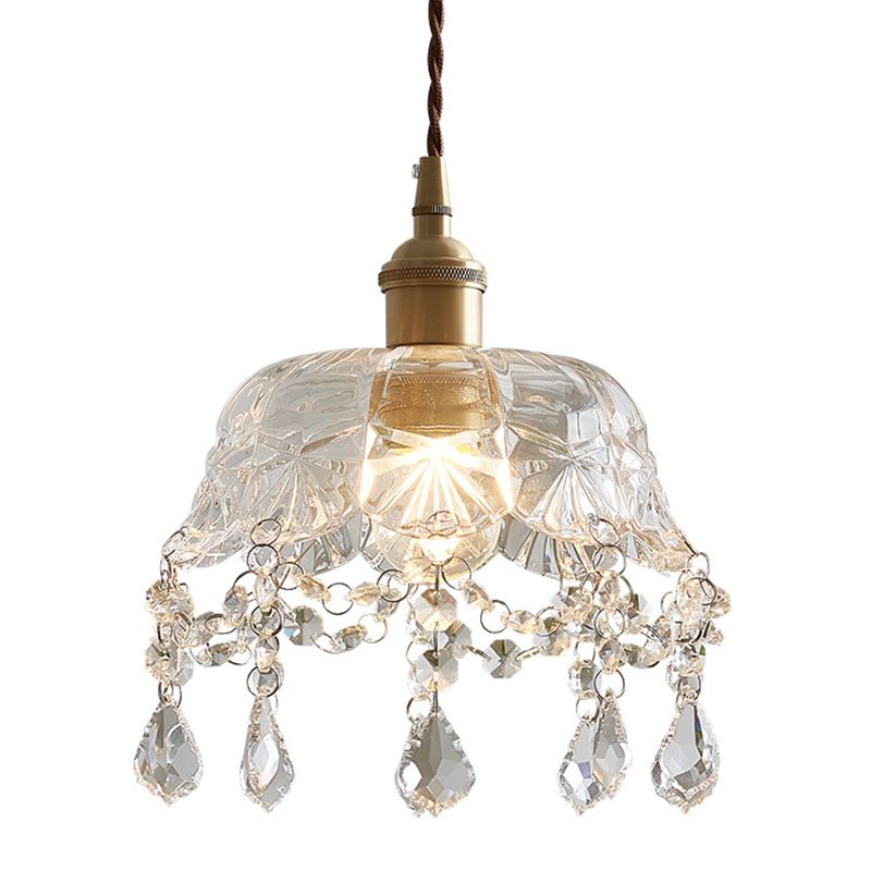 Floral Dining Room Suspension Light Retro Clear Glass 1 Light  Brass Pendant Light Fixture with Crystal Drip