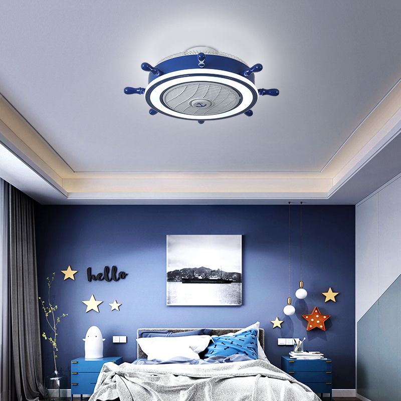 Navy Blue Rudder Fan Light Fixture Childrens Metal Remote Control LED Semi Flush Ceiling Light with 7 Blades, 23.5" W