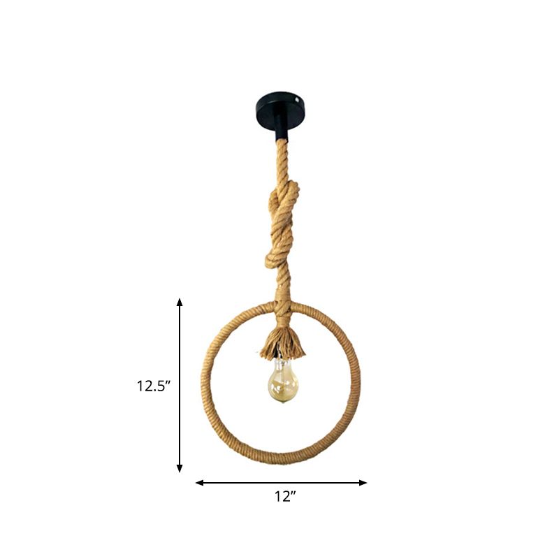 Ring Restaurant Hanging Light Kit Industrial Rope 1-Light Beige Suspended Pendant Lamp with Knots Cord