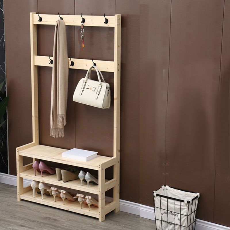 Traditional Coat Rack Free Standing Solid Wood Hall Stand with Shoe Storage Bench