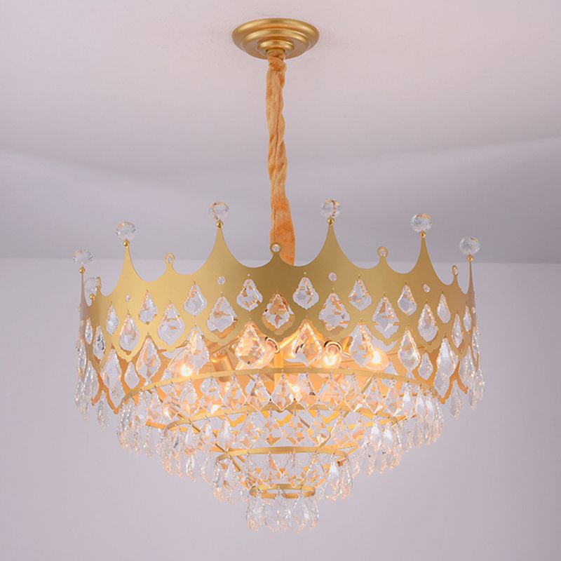 Postmodern Crown Shaped Chandelier Pendant Crystal Dining Room Hanging Light in Gold