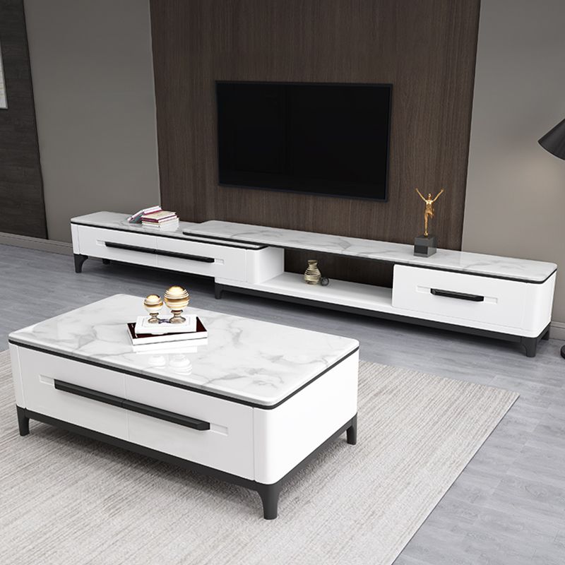 2 Drawers TV Console Modern Stone Media Console with Splayed Wooden Legs