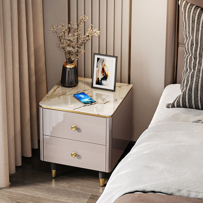 Modern Bedside Cabinet Stone Accent Table Nightstand with 2 Drawers