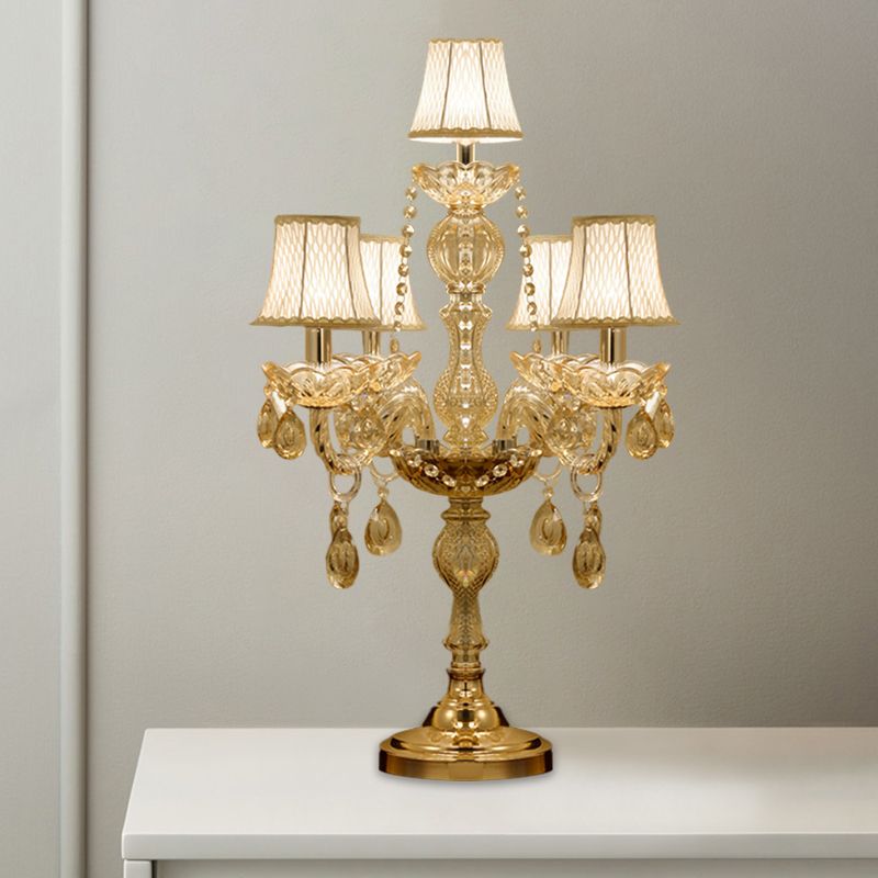 5/6 Heads Candelabra Table Light Traditional Gold Crystal Droplets Nightstand Lamp with/without White Bell Fabric Shade