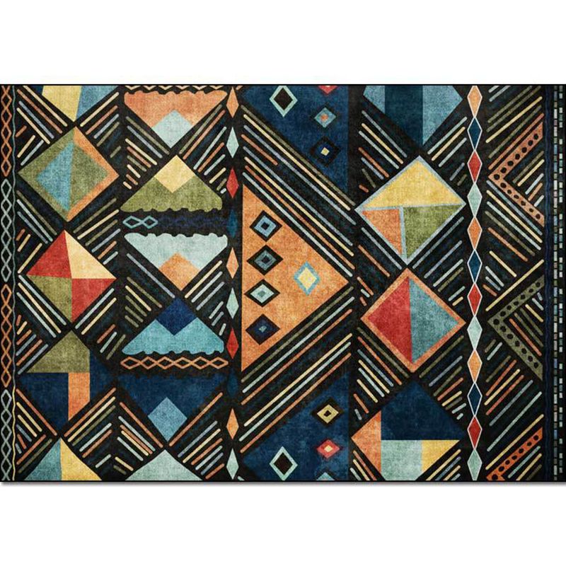 Tapis tribal multicolore bleu polyester géométrique et motif rayé tapis de support sans glissement lavable pour le salon