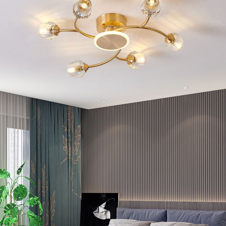 Copper Multi-head Semi Flush Mounted Ceiling Led Lights Glass Shade Modern Radial Metal Semi Flush Light