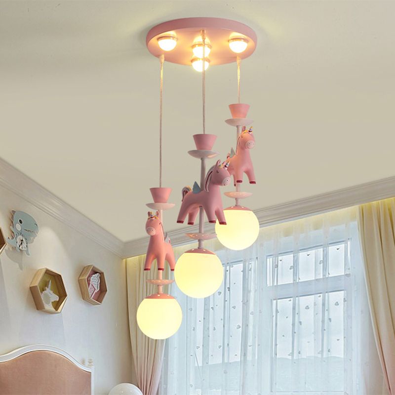 Merry-Go-Round Multi Ceiling Lamp Kids Metallic Nursery Suspension Light Fixture with Unicorn Decor