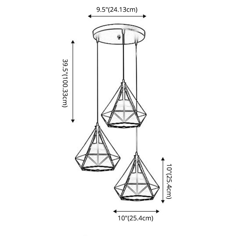 3 lumières Diamond Cage Pendant Industrial Fir Plafond Pendant avec cordon suspendu pour barre