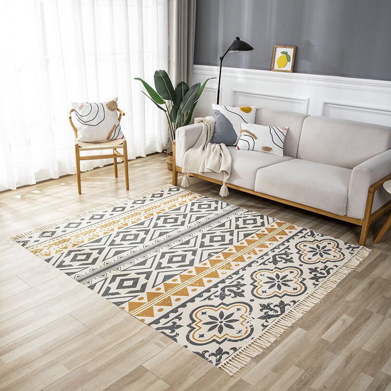 Beige Living Room Area Rug Bohemian Americana Print Rug Polyester Non-Slip Area Carpet