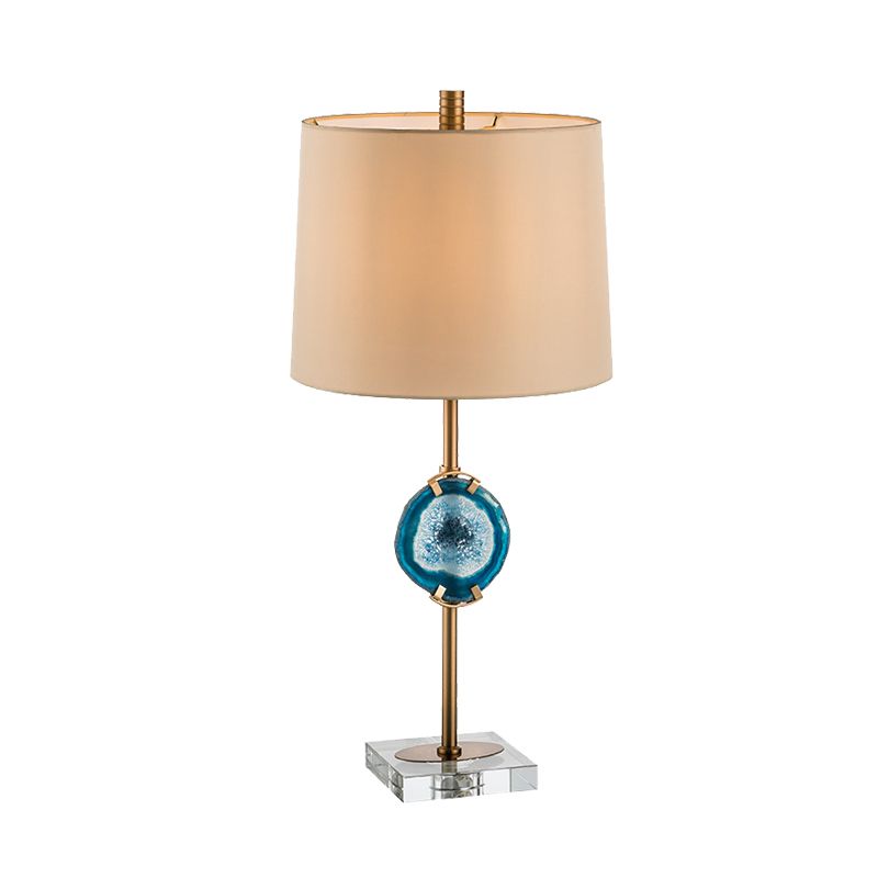 1 Head Living Room Desk Light Modern Blue Night Table Lamp with Barrel Fabric Shade