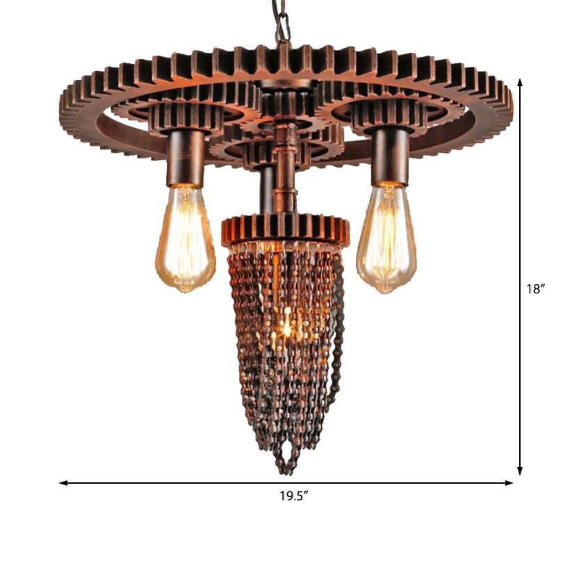 Metallic Gear Hanging Chandelier Vintage 3 Heads Restaurant Ceiling Pendant in Rust