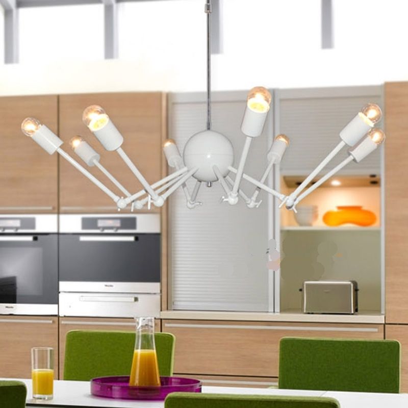 White Extendable Spider Chandelier Modernist 8-Bulb Iron Pendant Light with Open Bulb Design