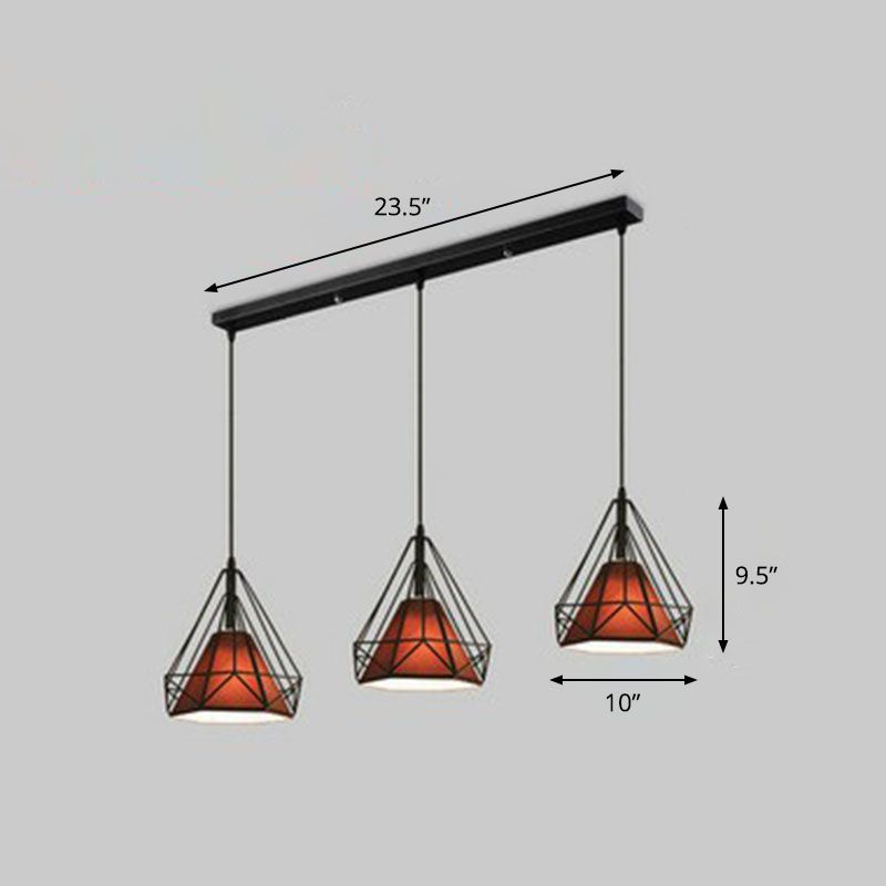 Tissu conical suspendu léger antique 3 têtes salle à manger pendentif multi-léger avec cage en diamant