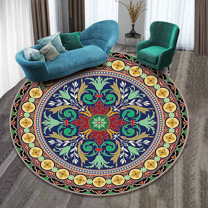 Persian Tribal Print Carpet Polyester Round Indoor Rug Non-Slip Backing Area Rug for Home Decoration