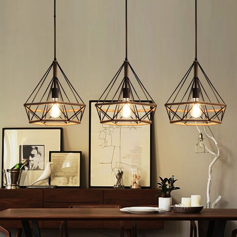 Retro Industrial Style Diamond Twine Chandelier Wrought Iron Dining Room