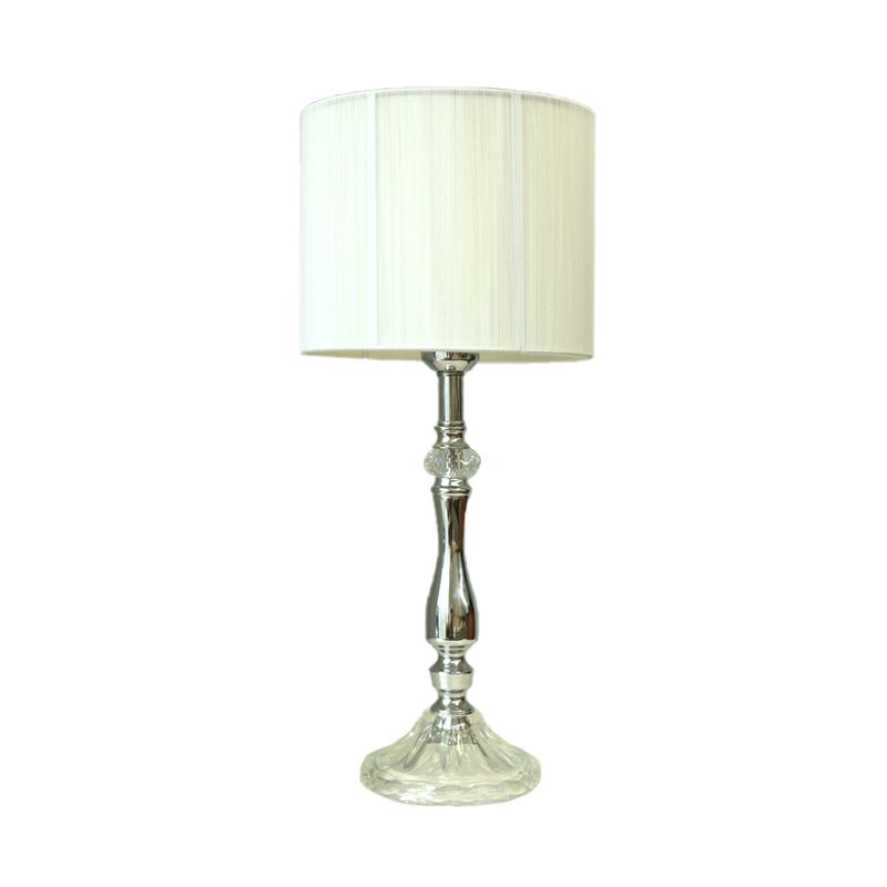 Tissu lampe de table blanche Cylindre 1 lumière Lumière de nuit simple pour le salon avec base en cristal