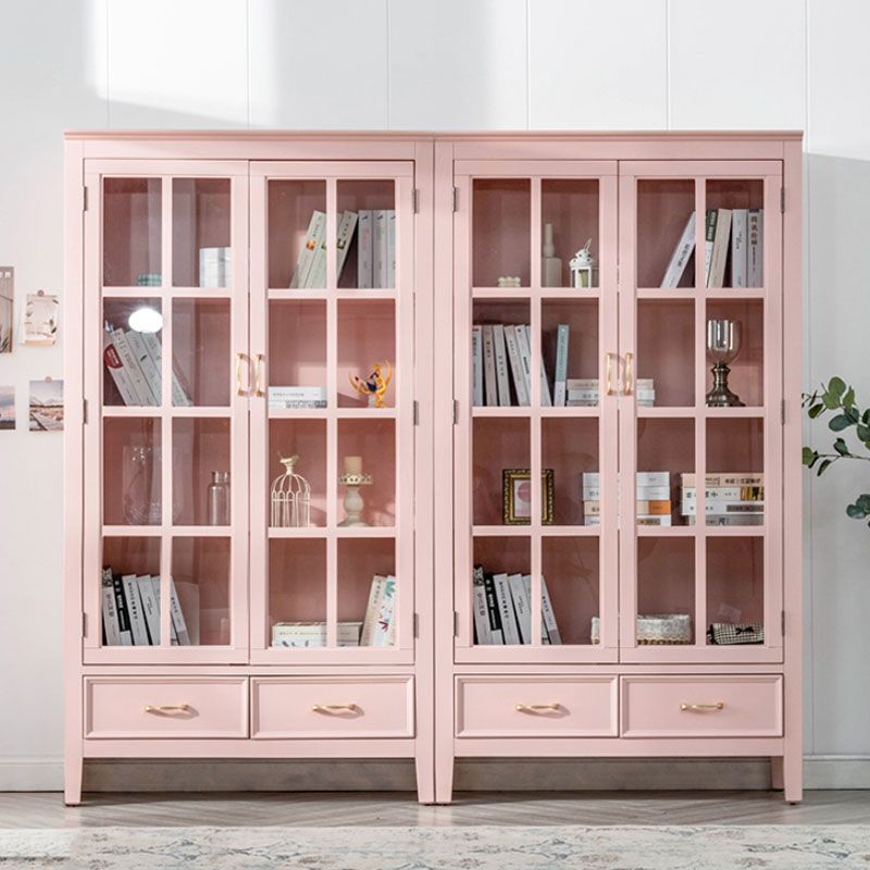 Scandinavian Rubberwood Storage Cabinet Glass Doors Display Cabinet with 2 Drawer