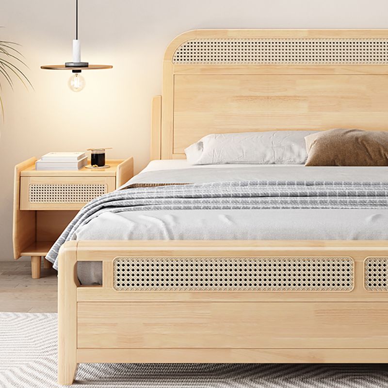Natural Tropical Standard Bed Rattan and Rubberwood Panel Bed with Headboard