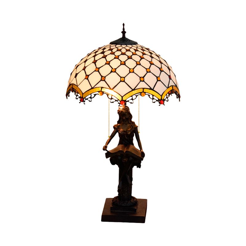 2-Light Reading Girl Table Light Tiffany Bronze Resin Pull Chain Night Lamp with Bird Blue-Brown/Net Yellow-White Glass Shade