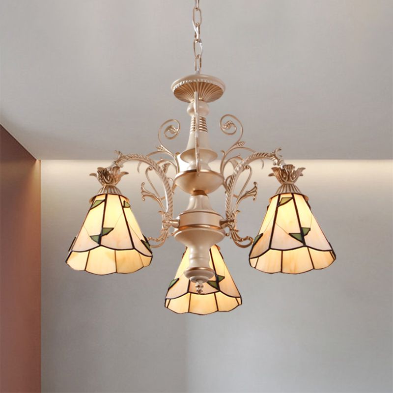 3/5-Light Conic Pendant Chandelier Mission White Stained Glass Leaf Patterned Ceiling Hang Fixture