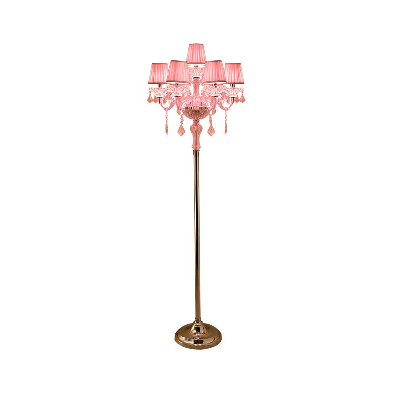 Crystal Pink Floor Reading Lamp Candlestick 5/6/7-Head Traditional Standing Light with Pleated Lampshade