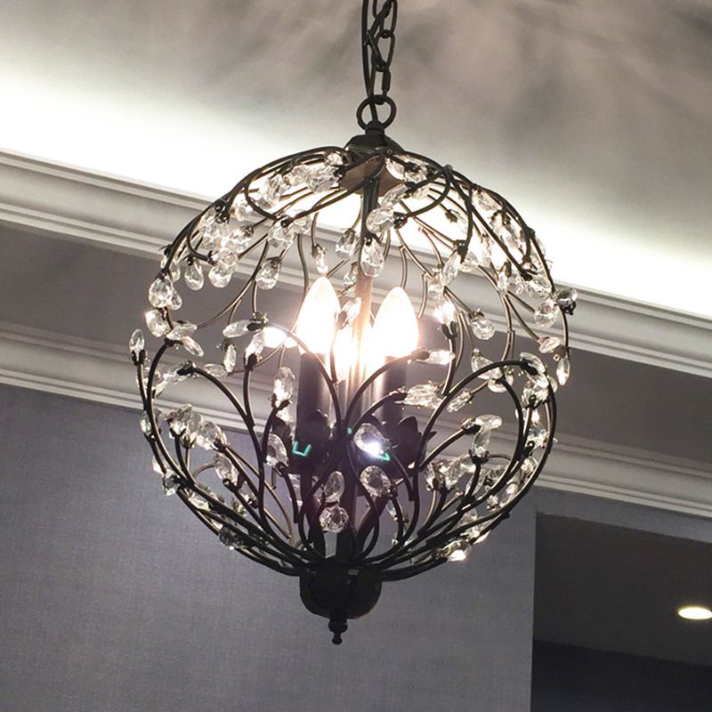 Traditional Floral Sphere Hanging Chandelier 3-Light Black/Bronze Iron Suspension Lamp with Crystal Accent