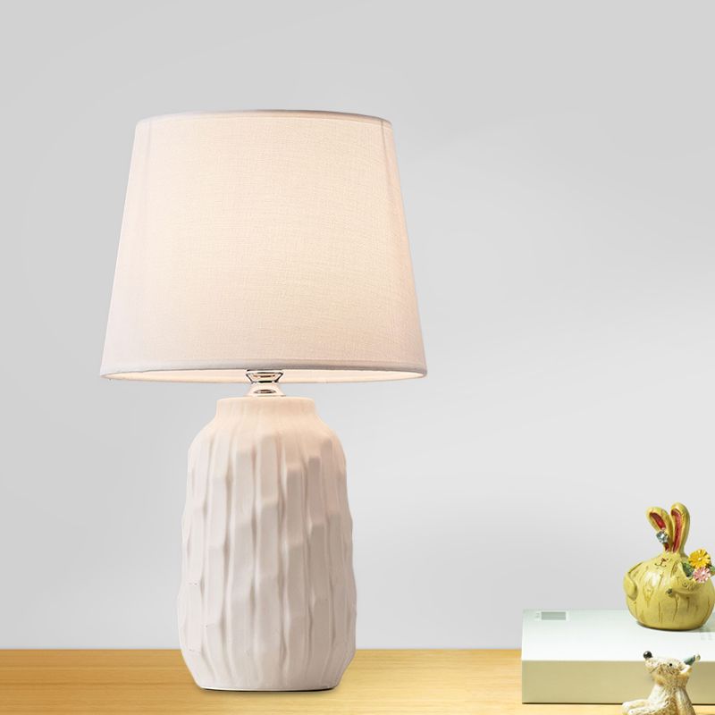 Modernist Conical Table Light Fabric 1 Head Bedroom Desk Lamp with Cylinder Ceramic Base in White/Pink/Blue