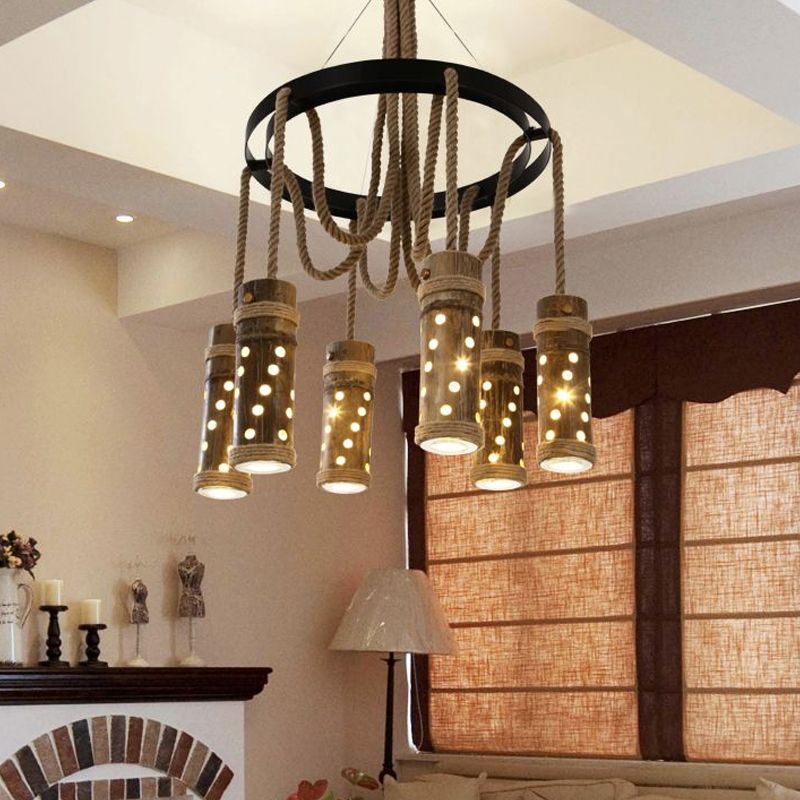 Black Cutout Tube Chandelier Light Industrial Bamboo 6 Bulbs Living Room Drop Lamp with Rope