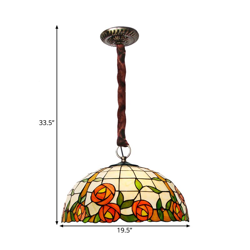 Bol victorien accroché lustre 5 lumières lampe de plafond en verre taché avec motif de rose en bronze