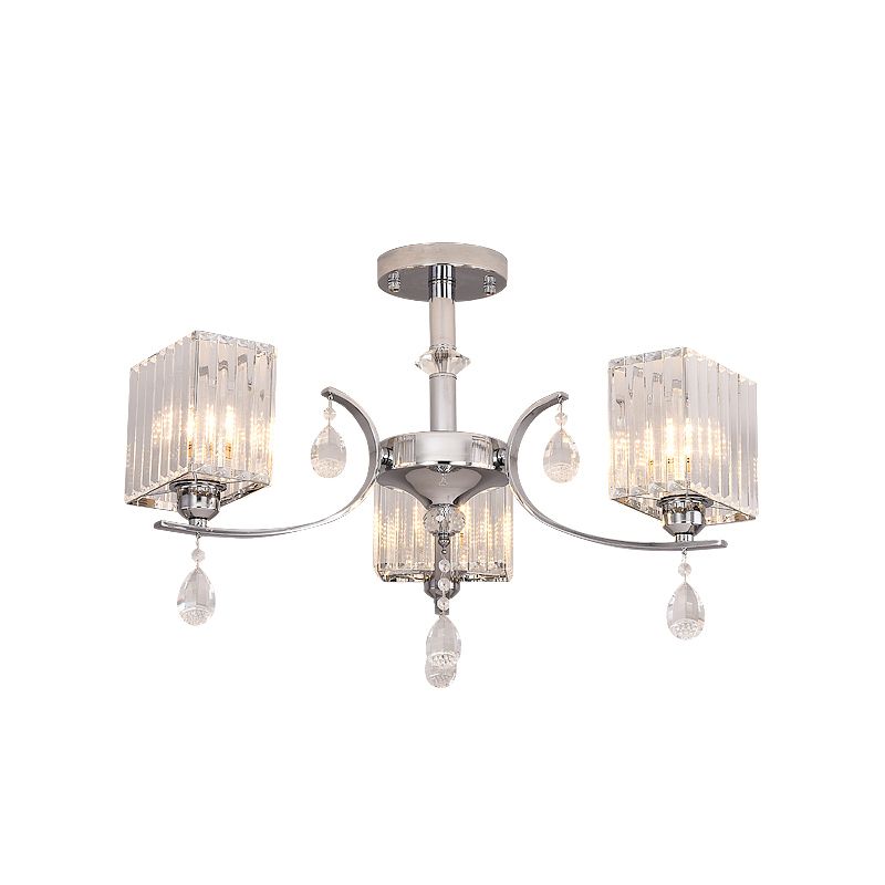 Crystal Prisms Cuboid Ceiling Light Simple 3 Heads Chrome Semi Flush Chandelier with Drop Deco