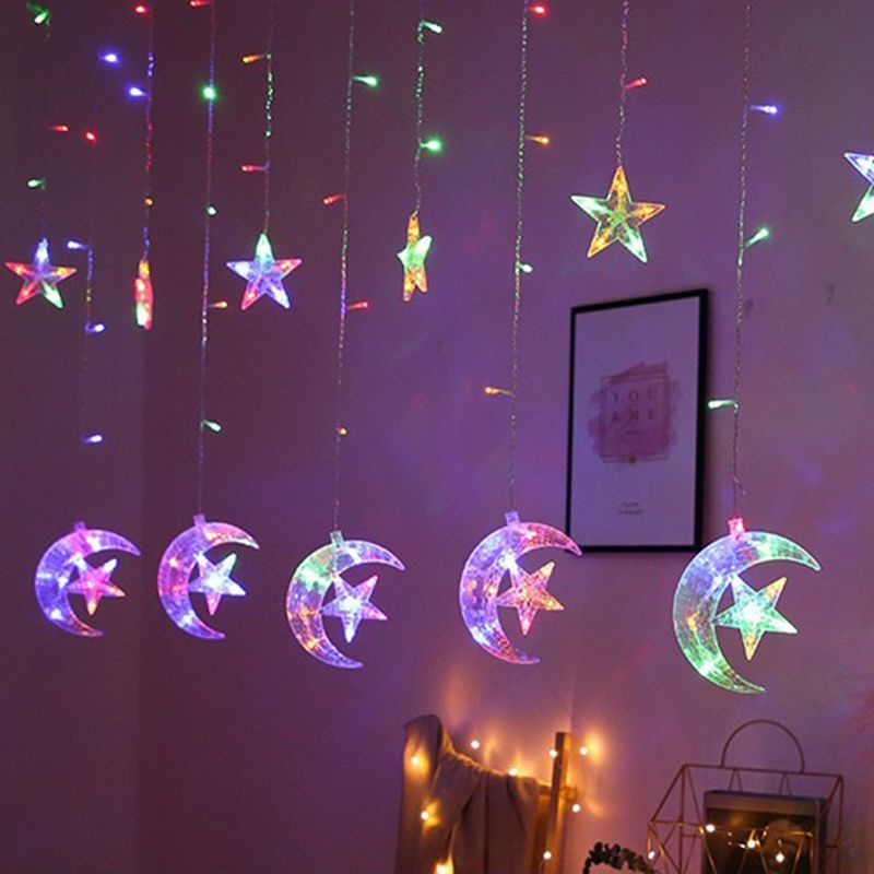 Moon and Star Curtain String Lamps Artistic Plastic 12-Head LED Festive Light