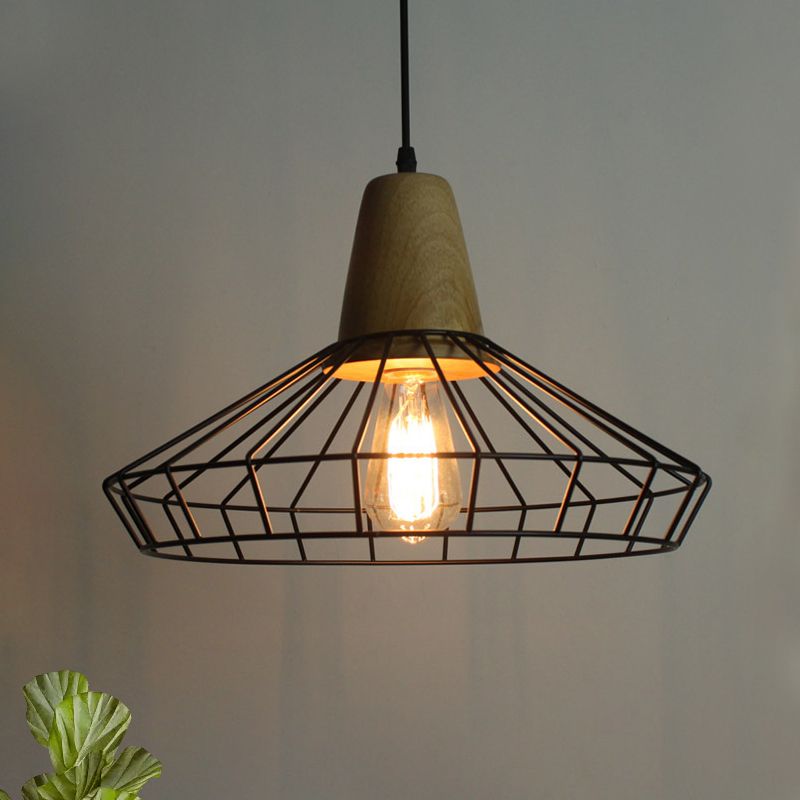 Industrial Saucer/Polygon/Diamond Pendant Lighting Fixture 1 Head Metal and Wood Ceiling Light with Cage Shade in Black