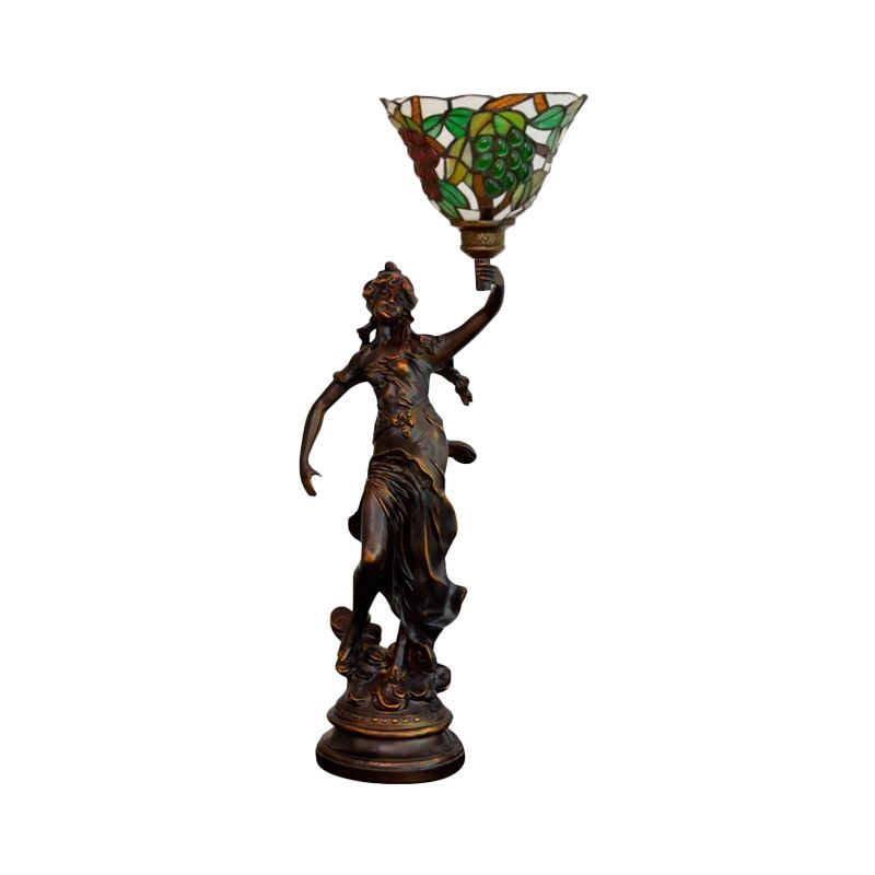 Angel Statue Night Stand Light Single White-Green/Orange/Green Floral Glass Tiffany Table Lighting in Bronze