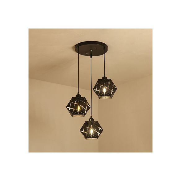 Geometric Hanging Lamp with Carved Metal Shade Industrial 3 Lights Kitchen Pendant Light