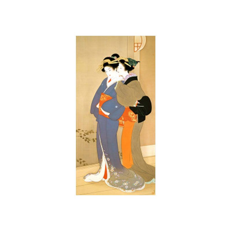 Orange Whispering Woman Wall Art Ukiyoe Asian Textured Canvas Print for Guest Room