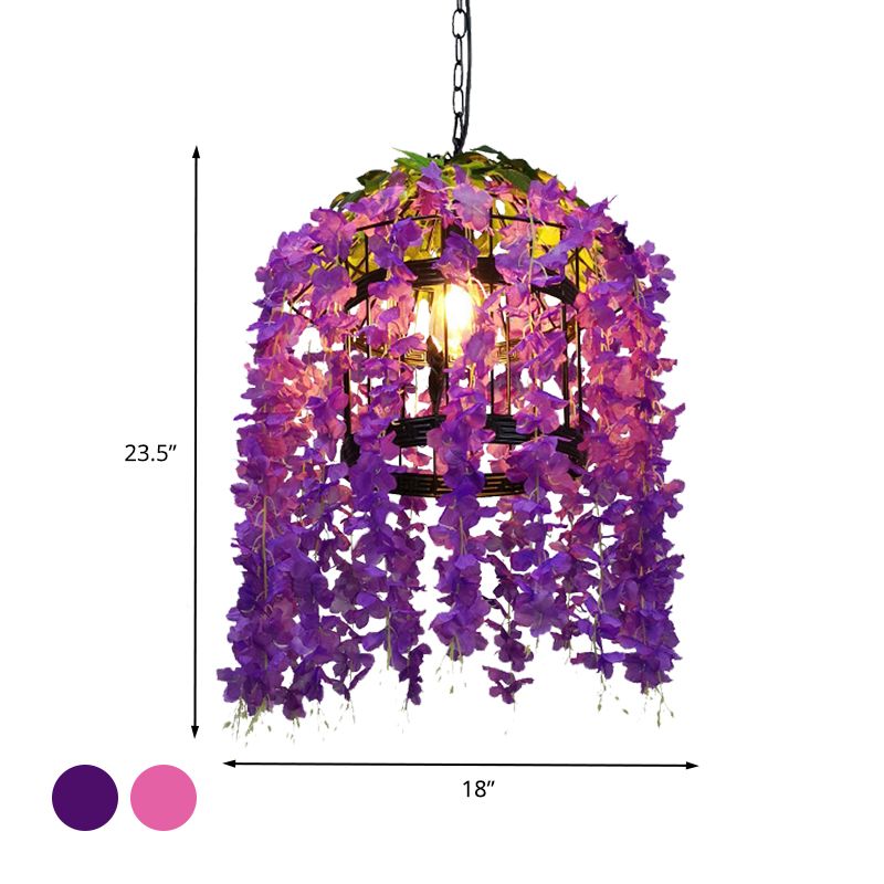 Vintage Drum Drop Pendant 1 Light Metal LED Flower Hanging Light Kit in Pink/Purple for Restaurant