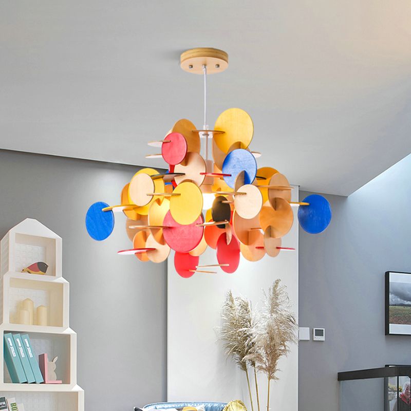 Puzzle Wooden Ceiling Pendant Nordic 1-Light Kid's Bedroom Hanging Lamp in Multicolor/Natural Color