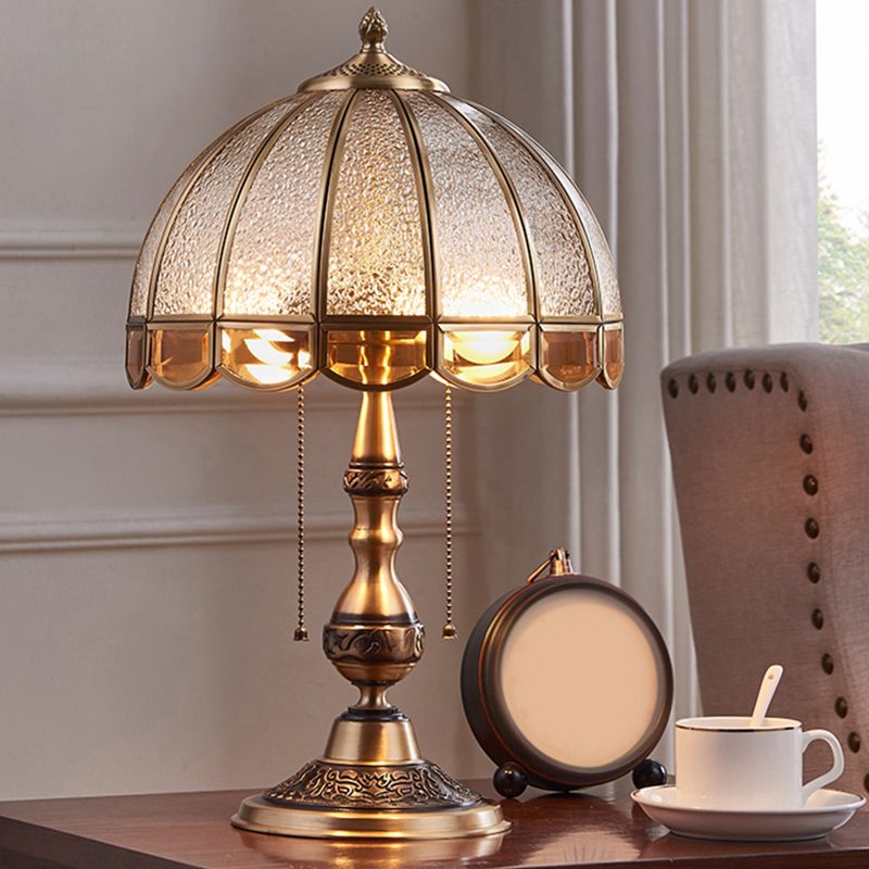 Traditional Dome Shade Night Lamp 1-Bulb Water Glass Table Light with Pull Chain in Brass