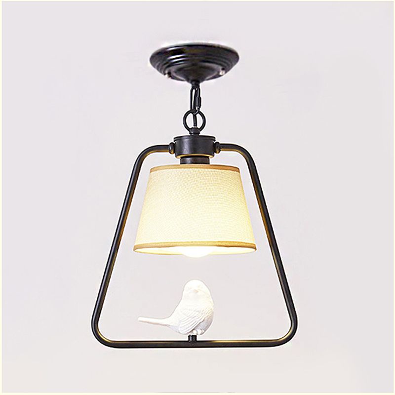Zwart/wit kegel hanger plafondlicht traditionele stof 1 lichte woonkamer hangende lamp met vogel