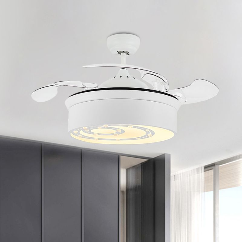 16" W White Floral/Drum Ceiling Fan Light Modern Crystal Bedroom LED Semi Flush Mount with 3 Retractable Blades