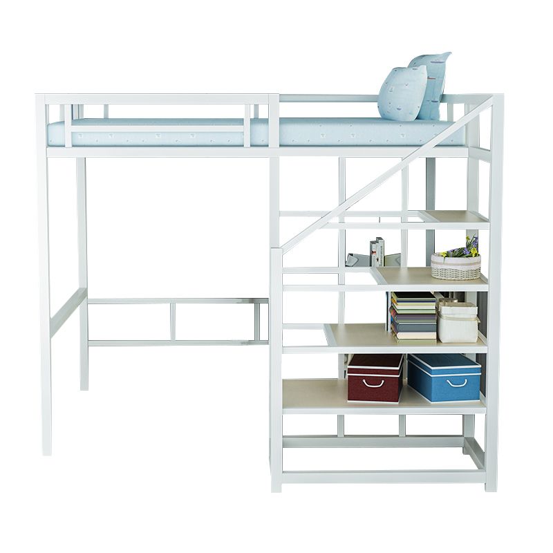 Contemporary Iron Frame Loft Bed with 3 Shelves and Staircase