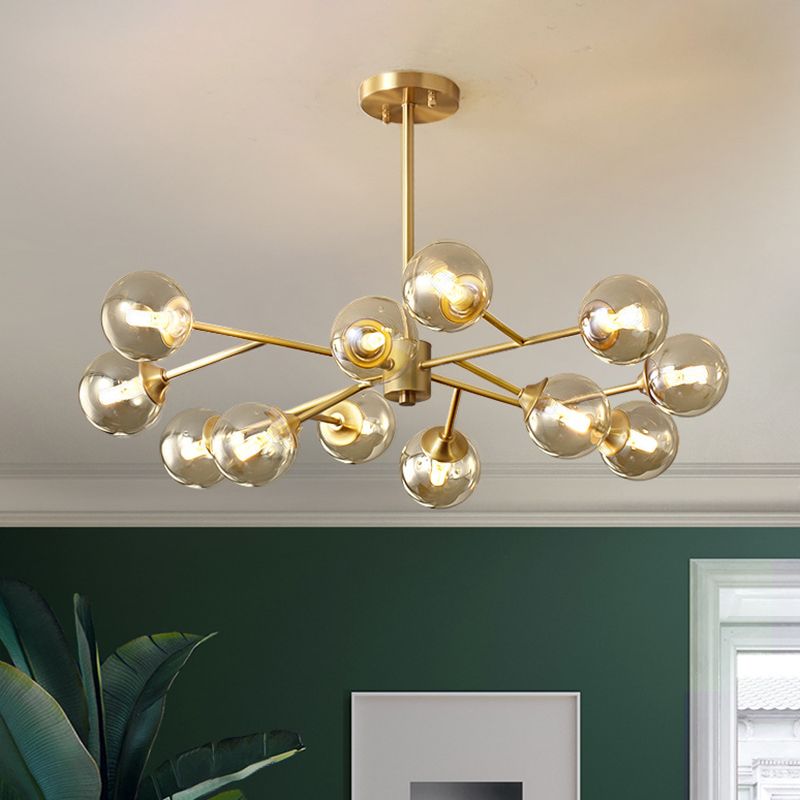 Post-Modern Metal Hanging Chandelier Light Amber Glass Shade Ceiling Chandelier in Gold  for Bedroom